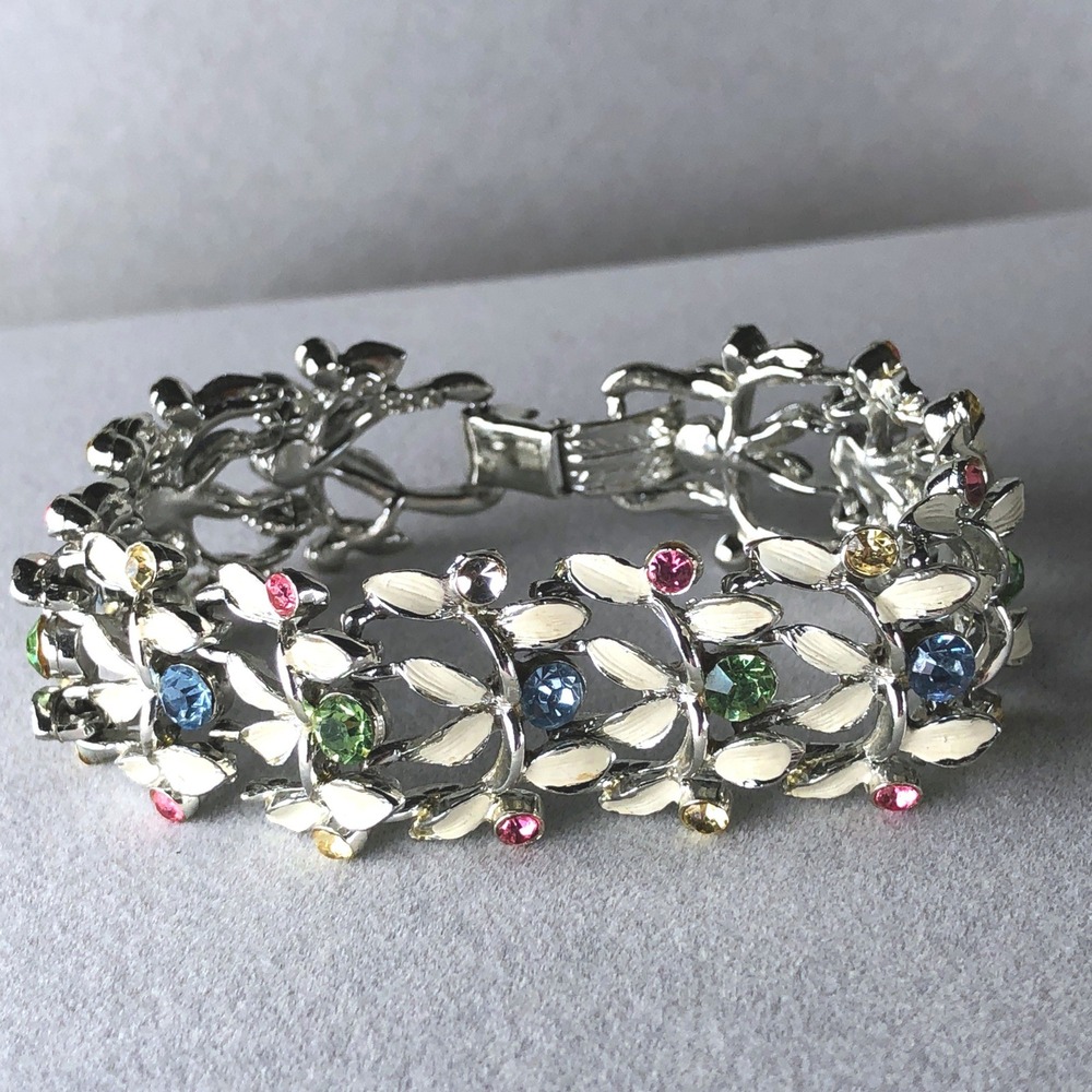 Vintage BSK Bracelet Multicolor‎ Enamel Rhinestone Silver Tone Floral Leaf 1950s
